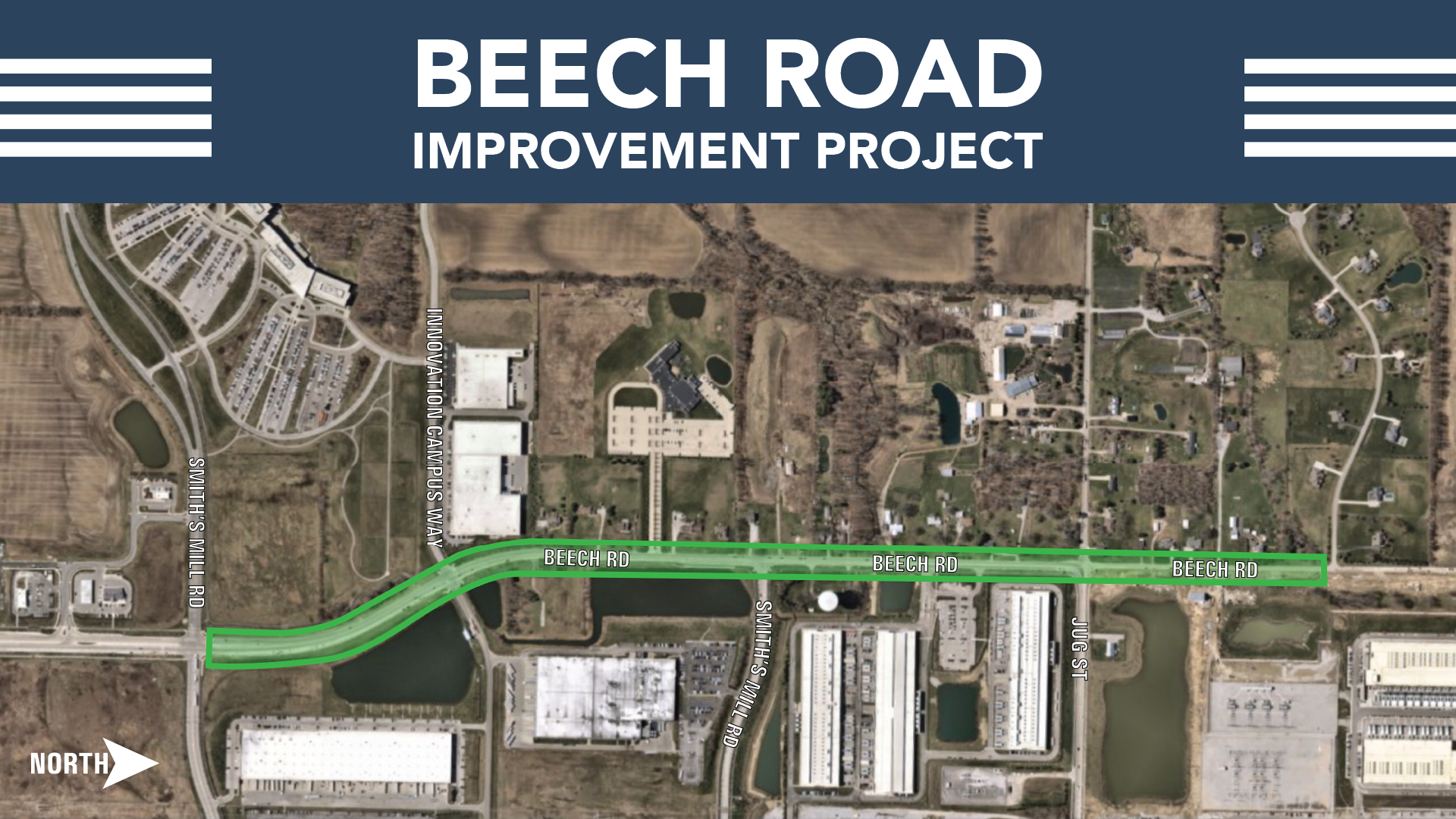 Overhead satellite view of Beech Rd. Text on image reads "Beech Road Improvement Project"