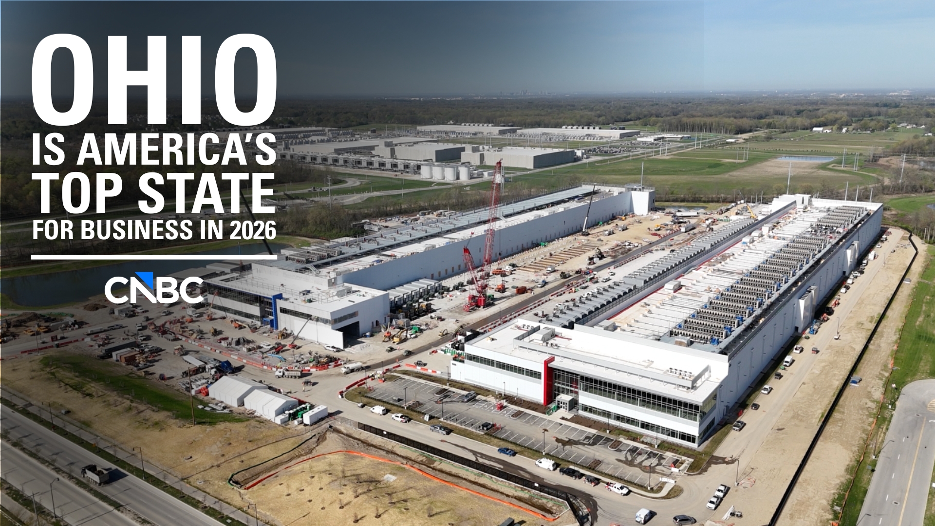 Drone shot of a construction site with text reading "Ohio is America's Top State"