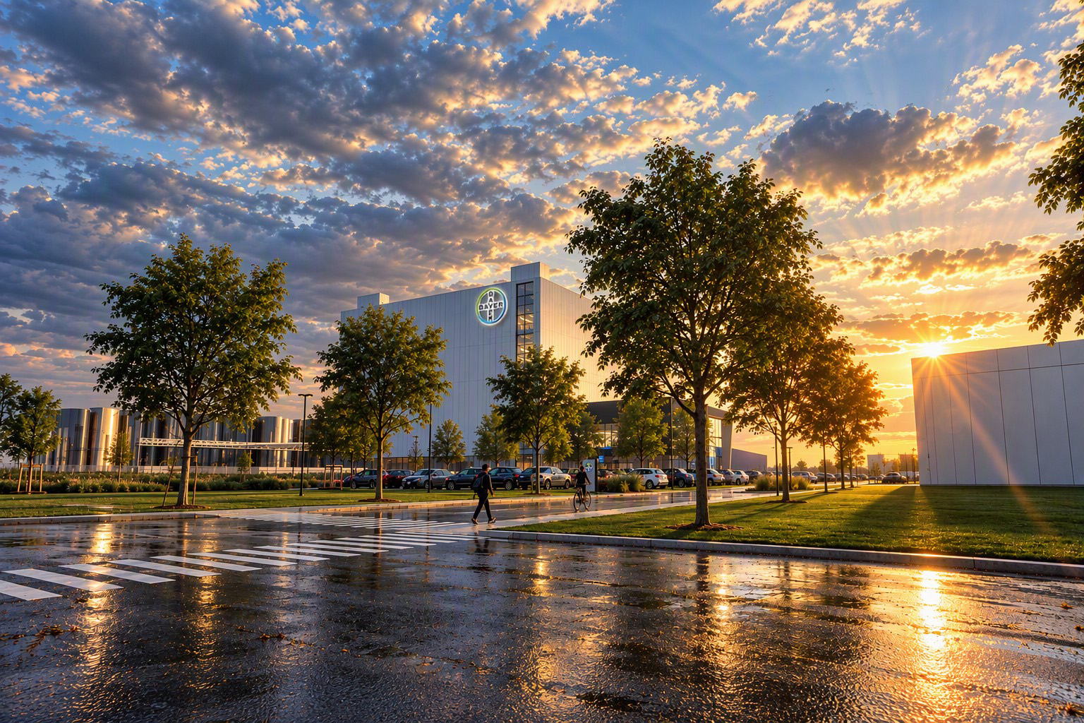 A computer rendering of the Bayer campus. It features trees, large buildings and a sunny sky with clouds.